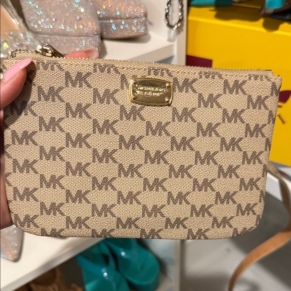 Michael Kors Tan Beige MK Logo Zip Pouch belt with Gold Plate
